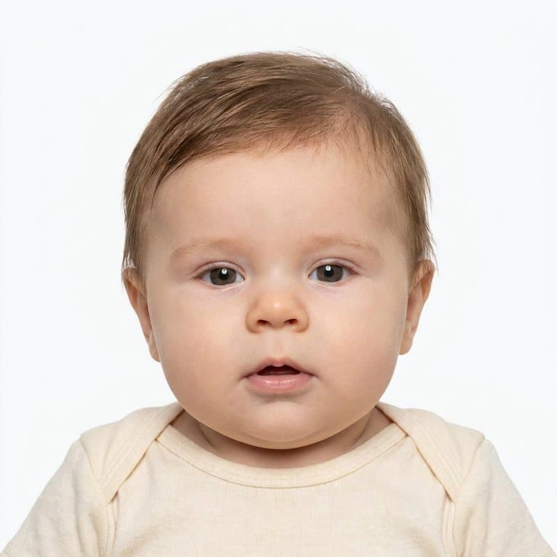 Passport-ready photo of the same baby on a white background