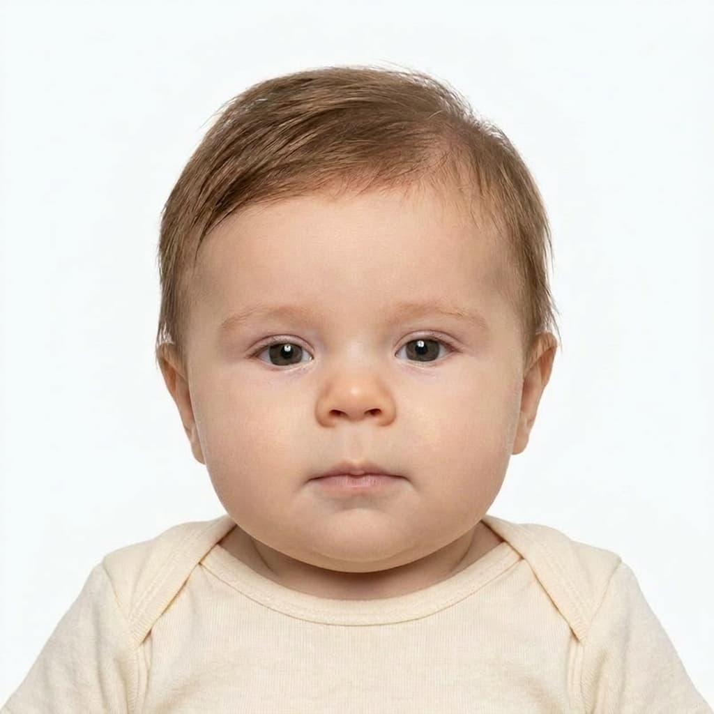 Passport-ready photo of the same baby on a white background