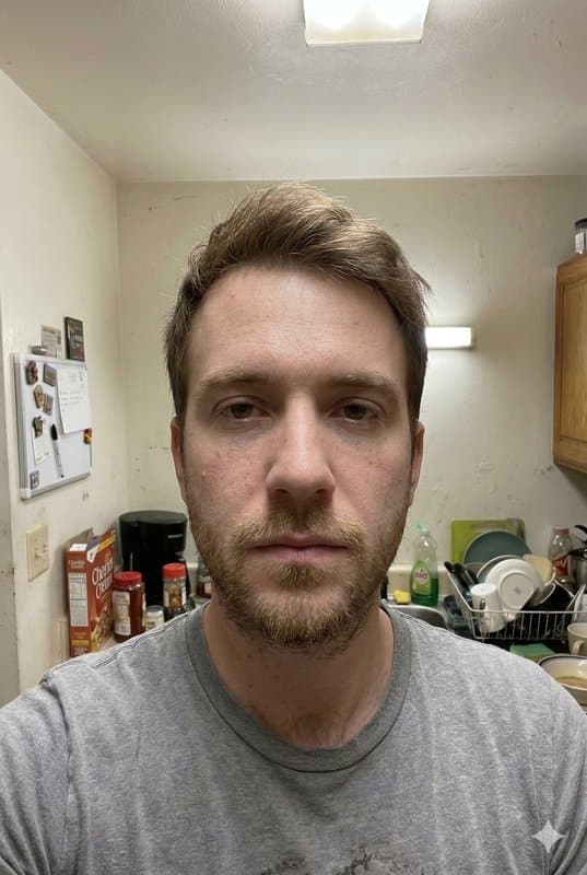 Selfie in a kitchen with poor lighting