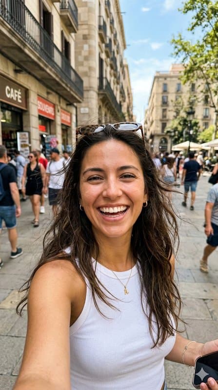 Casual selfie on a busy street with sunglasses