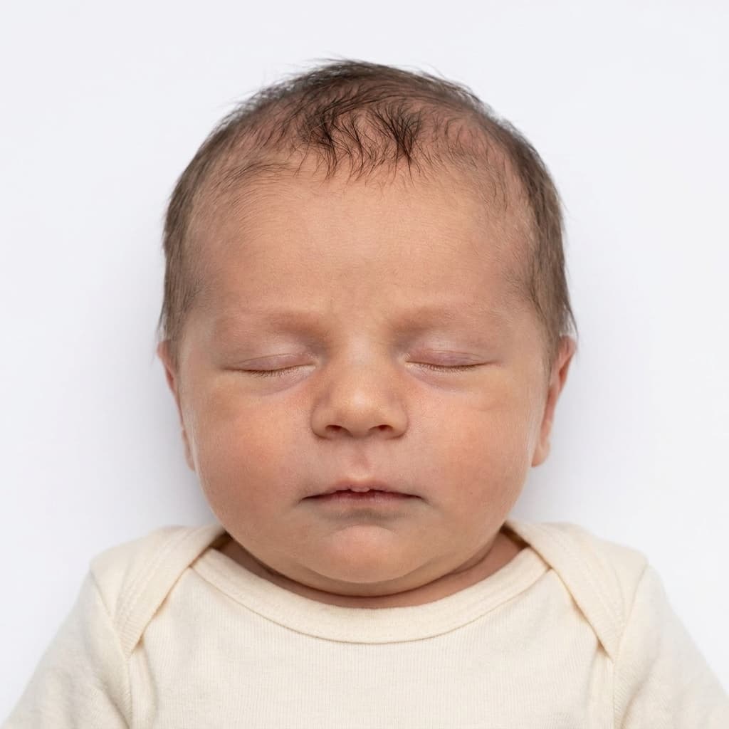 Passport-ready photo of the same newborn on a white background