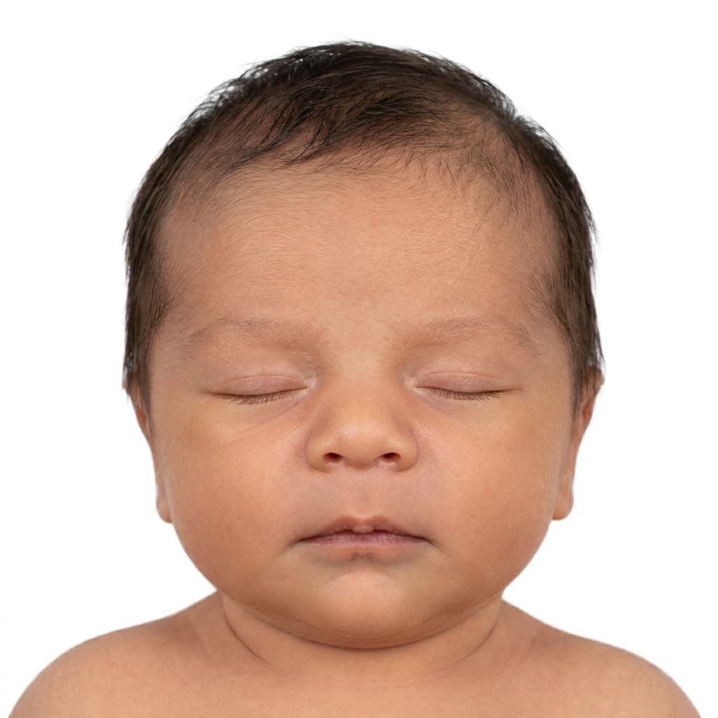 Passport-ready photo of the same newborn