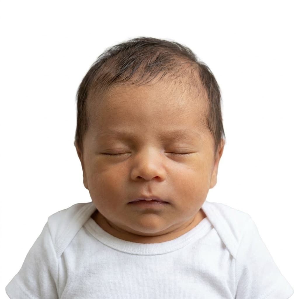 Passport-ready photo of the same newborn