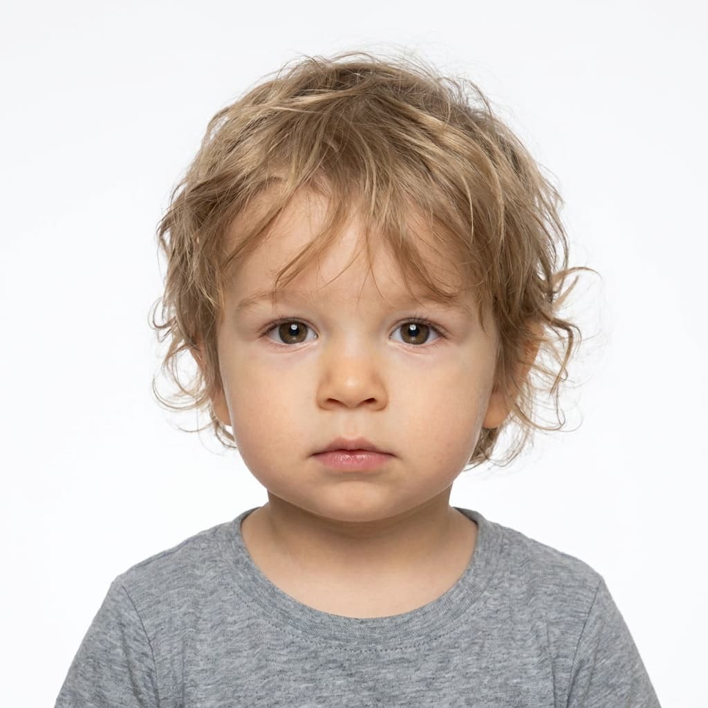 Passport-ready photo of the same toddler on a white background